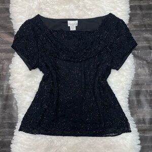 PARADISE NY BLACK BEADED SHEER SILK DRAPED NECK BLOUSE GRUNGE WHIMSICAL FAIRY